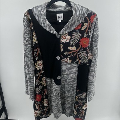 Anthropologie Luii Button Floral Bohemian Medium Cardigan Gray Black Patchwork
