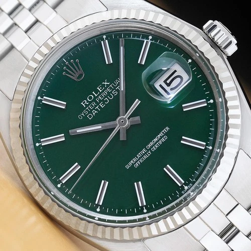 ROLEX DATEJUST 1601 18K WHITE GOLD STEEL GREEN DIAL FOLDED BRACELET WATCH