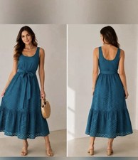 J.CREW Teal Eyelet Lined Scoop Neck Sleeveless Midi A-Line Dress Belt Sz 00