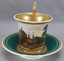 Old Paris Hand Painted Hamburg Old Stock Exchange Green Gold Cup & Saucer AS IS