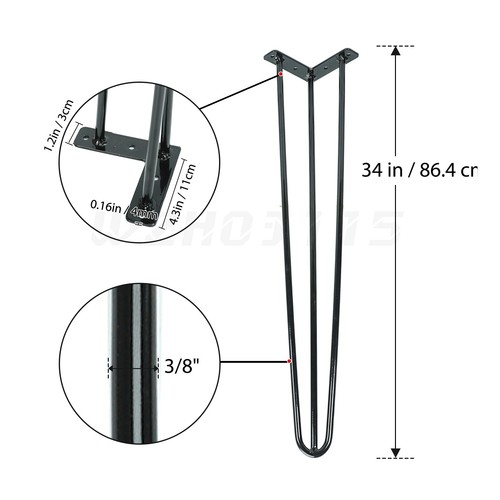 Hairpin Table Legs 16 to 40" Coffee Table Metal Legs 3-Rod Black Iron Set of 4 - Picture 10 of 11