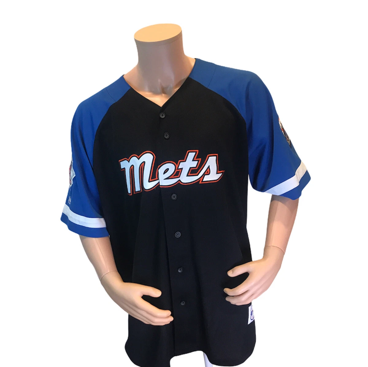 Majestic MLB New York Mets Button Down Jersey Black / Blue Size XL Mens