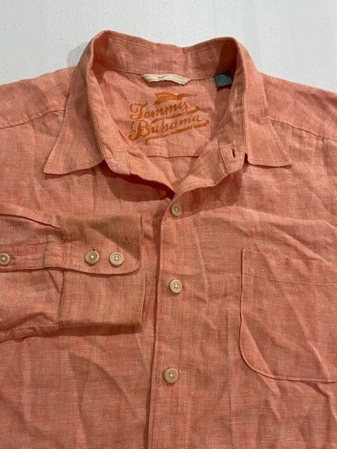 EUC Men's Tommy Bahama 100% Linen Shirt Size XL Long Sleeve Button Down Orange