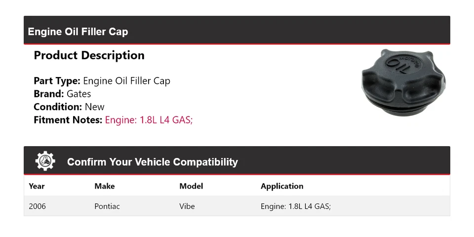 Puertas de tapa de llenado de aceite de motor de gas L4 de 1,8 L para Pontiac Vibe 2006 Foto 2 de 4