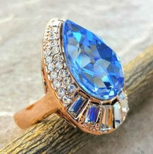 Elegant Blue Topaz White Topaz 18K Gold Plated Wedding Engagement Ring Size 6.5