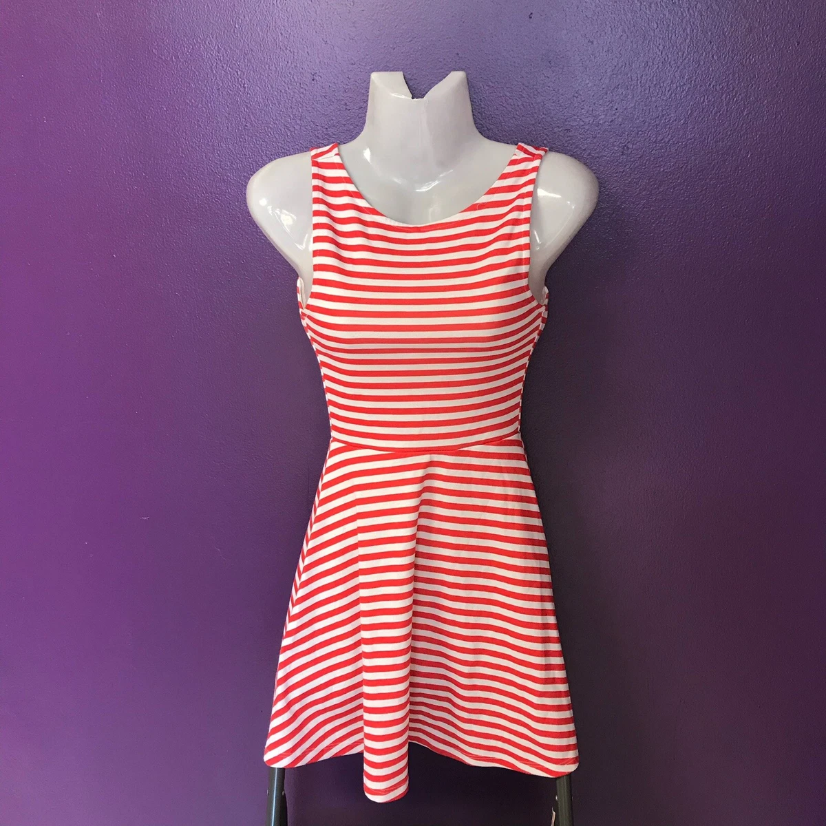 H M Divided Red White Stripe Skater Dress Sleeveless V Cut Back