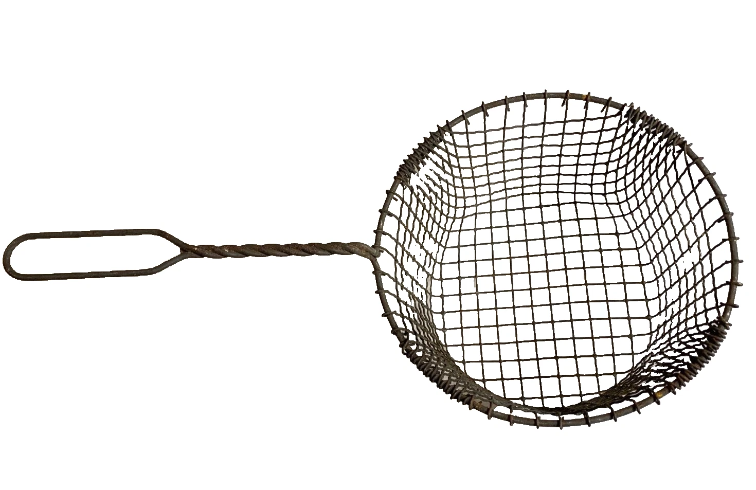 Antique Vintage Metal Steel Wire Fry Basket Strainer Colander w Handle DURABLE