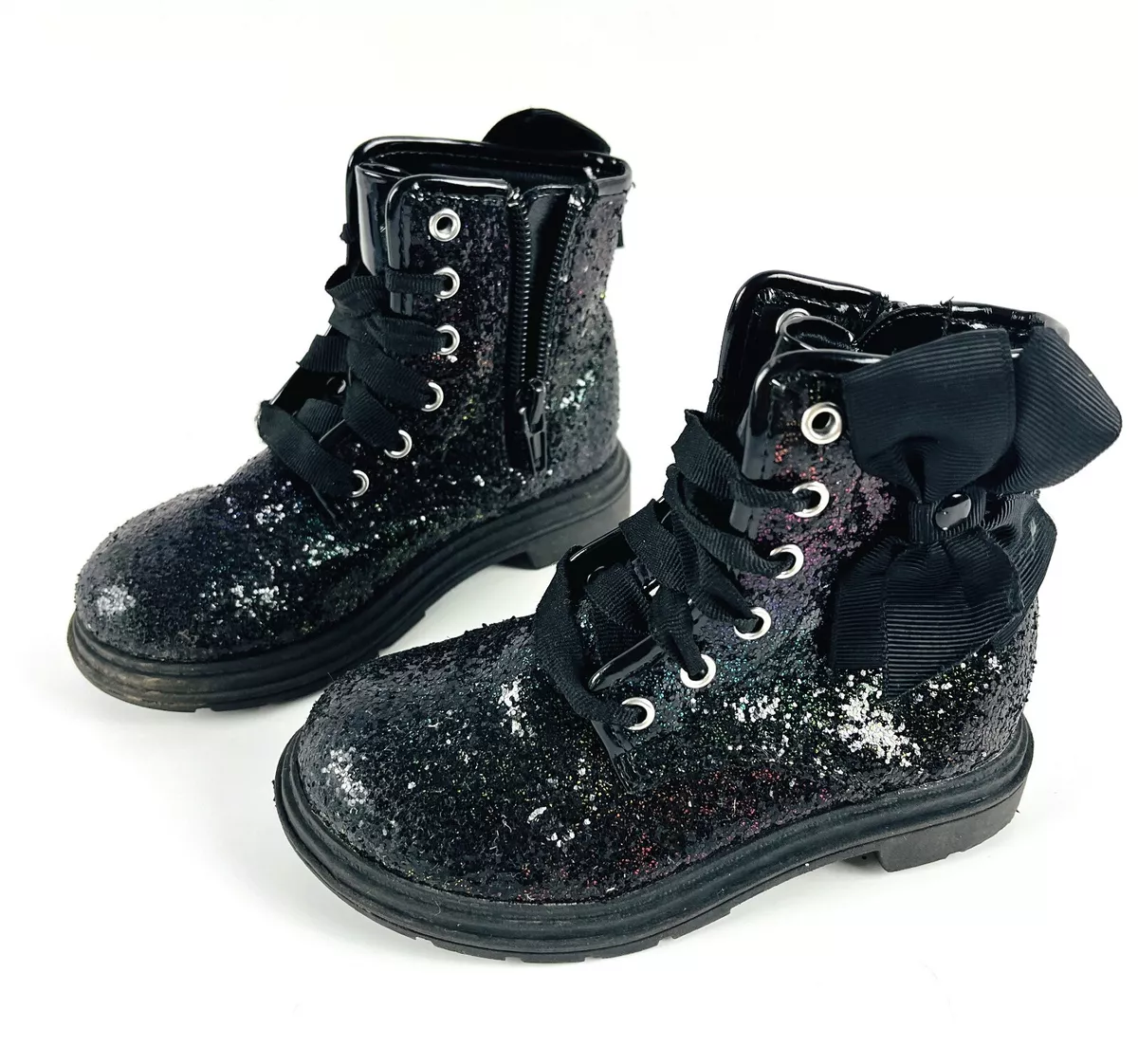 JOJO Siwa Little girls Black Sparkly Rainbow Glitter Zip Up Boots with Bow SZ 8