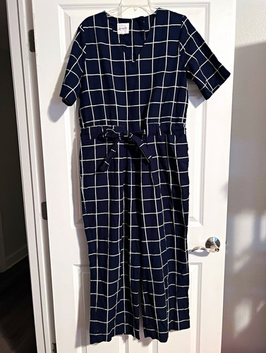 Kowtow Navy/White Check Short Sleeve Jumpsuit Tie Waist Pockets Button