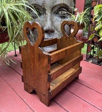 Vintage Handmade Solid Pine Wood Magazine Rack Heart Handle Cut Outs Planter Box