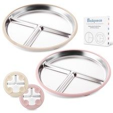 Bakpoco Stainless Steel Baby Plate with 9" Round, Suction - Blush  Beige