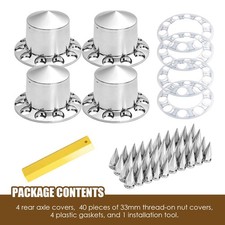 4 Chrome Spiked Axle Covers For Semi Truck W33mm Thread-on Lug Nut Covers 4 Chrome Spiked Axle Covers For Semi Truck W33mm Thread-on Lug Nut Covers