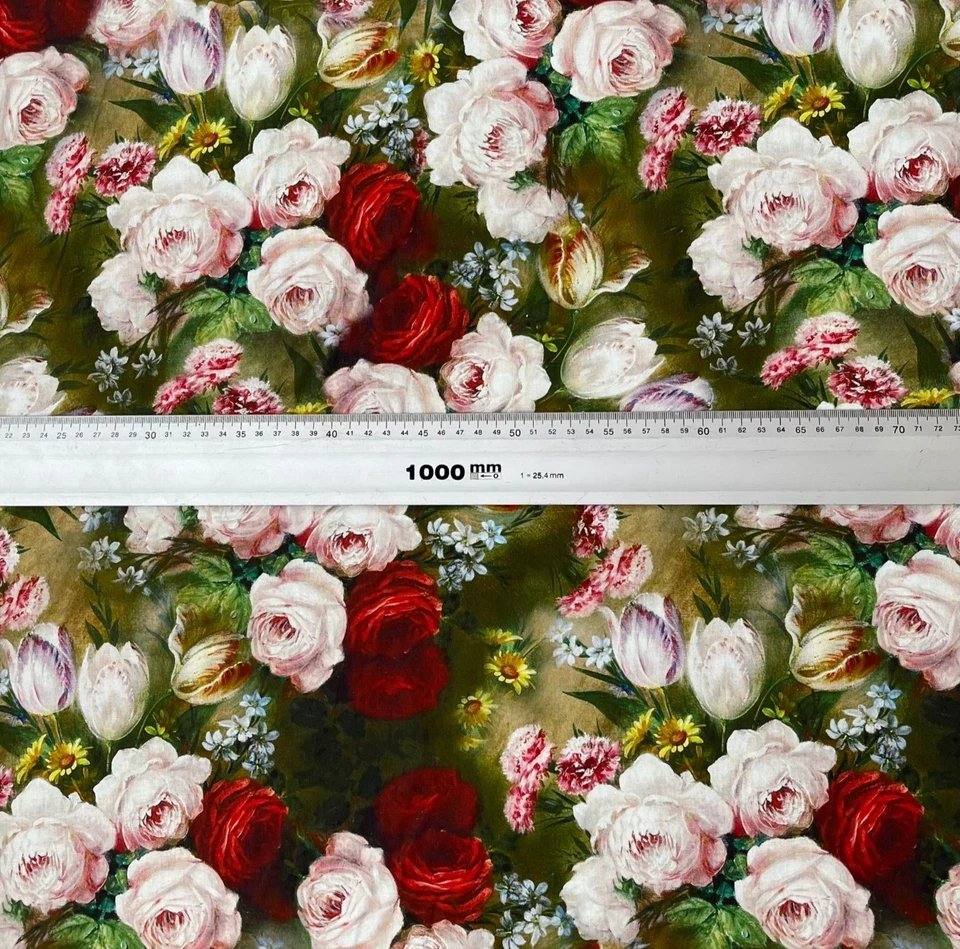 Patchworkstoff Meterware Stoff Baumwollstoff Blumen Bunte Rosen Malerei Vintage - Bild 2 von 4