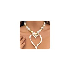 Y2k Chunky Heart Necklaces for Women Silver Large Heart Pendant Pearl Beaded ...