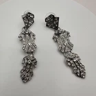Vintage 90s Silver Tone Clear Glass Earrings Art Deco Dangle Statement Jewelry