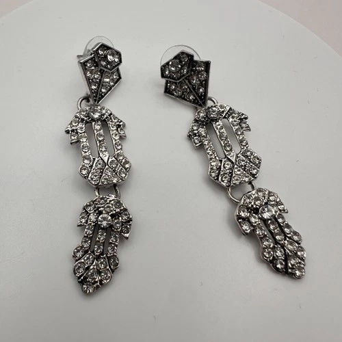 Vintage 90s Silver Tone Clear Glass Earrings Art Deco Dangle Statement Jewelry