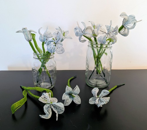11 Vintage French Glass Beaded Flower Stems - Light Blue & White - Iris, Tulip