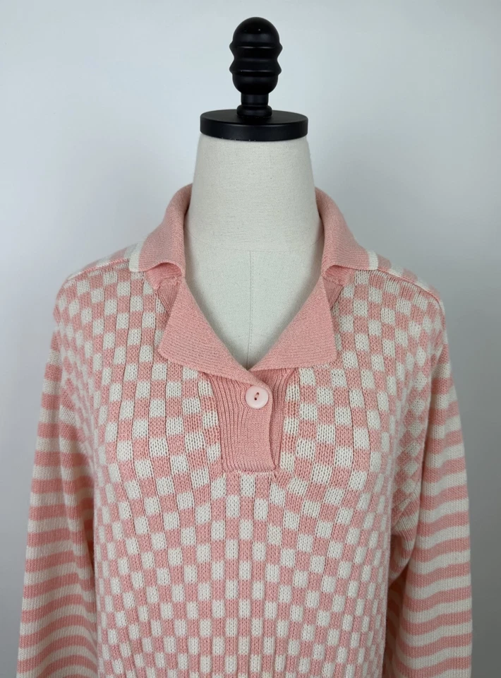 Suéter Vintage Años 80 Para Mujer Grande Rosa Pastel A Cuadros Tejido Rayas Cuello Polo Foto 2 de 4