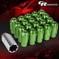 JDM GREEN 20PCS M12X1.5 24MM OD 50MM TALL OPEN END ALUMINUM LUG NUTS+ADAPTER
