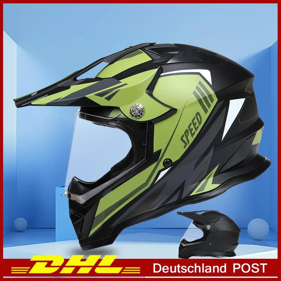TJF Schwarz/Grun Helm Integralhelm Motorradhelm Helm mit Visier Motocross M L XL