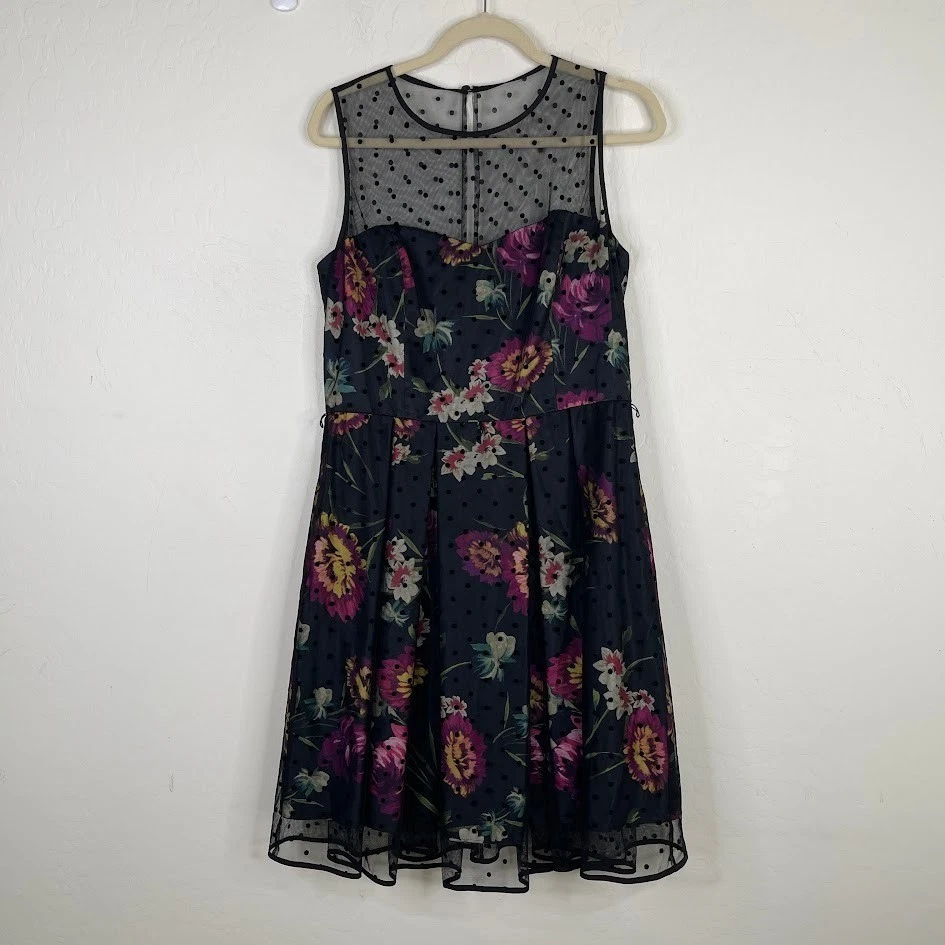 Eliza J Womens Floral Polka Dot Mesh Fit Flare Dress Whimsigoth Fairy Size 12 - Image 2 of 4