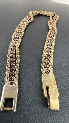 Vintage Purple Rhinestone Braided Rope Chain Bracelet Gold Tone 7.25''