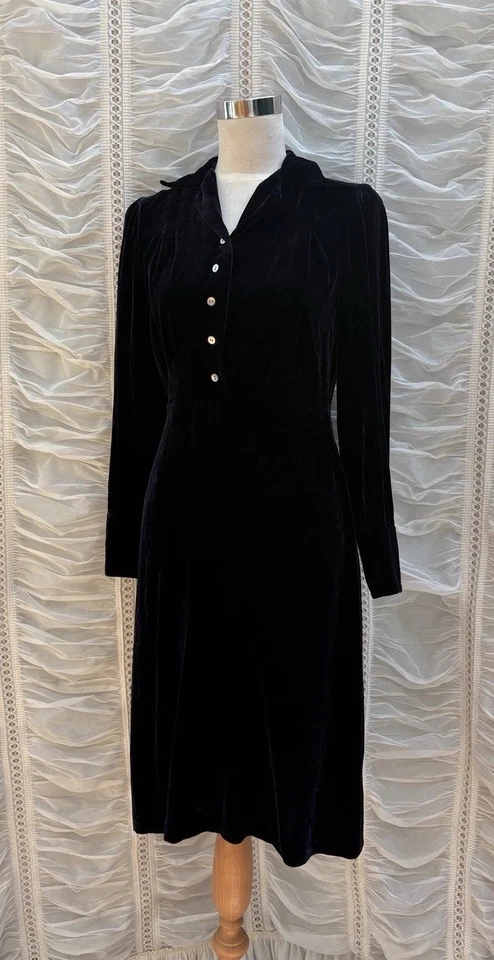 Laura Ashley Midi Dress Navy Blue Velour Soft Velvet Long Sleeves Size 8 UK - Image 2 of 4
