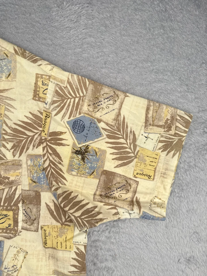 Roundtree & Yorke Shirt Men 2XL XXL Yellow Palm Postcards Stamp Cotton Hawaiian - Image 2 of 4