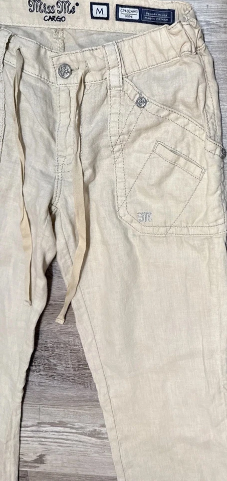Pantalones cargo Miss Me de lino pierna ancha talla mediana beige bolsillos con cordón Foto 2 de 4