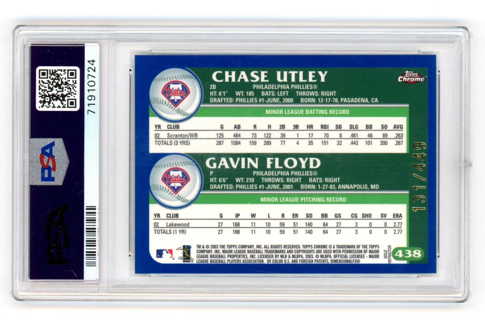 Chase Utley Gavin Floyd 2003 Topps Chrome GOLD REFRACTOR 131/449 PSA 8 RC ROOKIE - Image 3 of 3