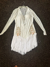Latin/rhythm competition dress Women s White Rhinestone Fringe Sleeve Mesh Dance