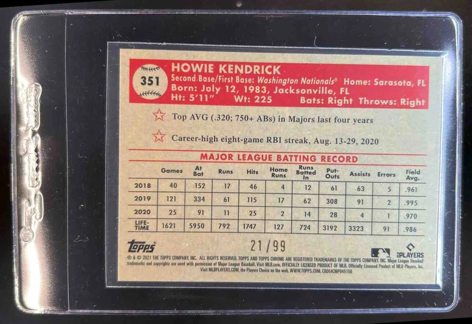 2021 Topps Chrome Platinum Howie Kendrick Green/Yellow 70th Refractor #21/99 - Image 2 of 2