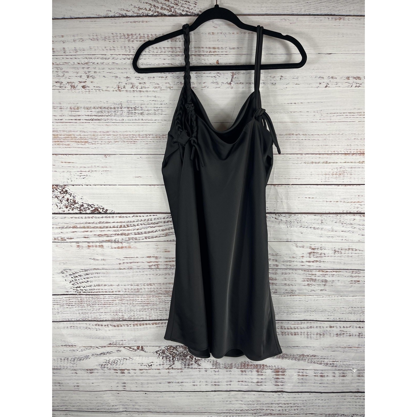 House of Harlow 1960 Dress Women's XL Black Braided Strap Cowl Neck Mini Ruched