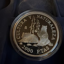 Spanish 2000 Pesetas 1996 Silver Proof Coin Endangered Species Brown Bear Spain