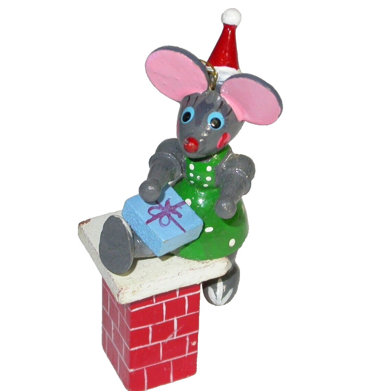 Vintage Wooden Santa Mouse on Chimney Christmas Tree Ornament Mid Century Mod