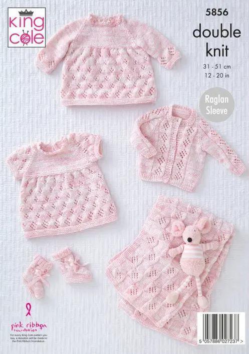 King Cole DK Knitting Pattern Baby Dress Cardigan Blanket Booties 5856