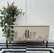 Beige Low sideboard  / TV Stand Modern Upcycled Cabinet with Raised Florals