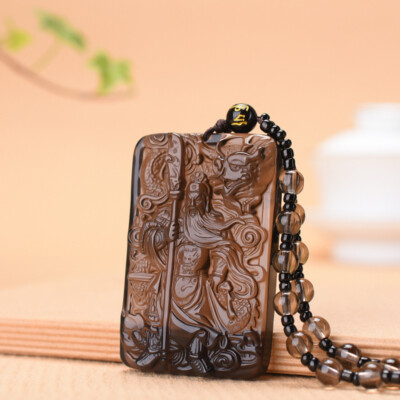 Natural Ice Obsidian Jade Pendant W/ Beads Cord Necklace Guan Yu Statue Charm