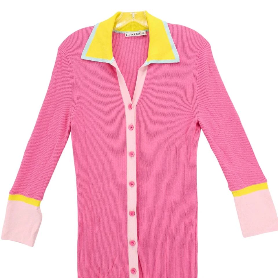 ALICE + OLIVIA Alcina Dress Pink Multi Stretch Ribbed Wool Blend Size MEDIUM - Image 2 of 4