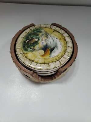 4 Pc Northwoods Ceramic Coaster Set Bear Moose Eagle Wolf NEW Cabin Rustic Decor