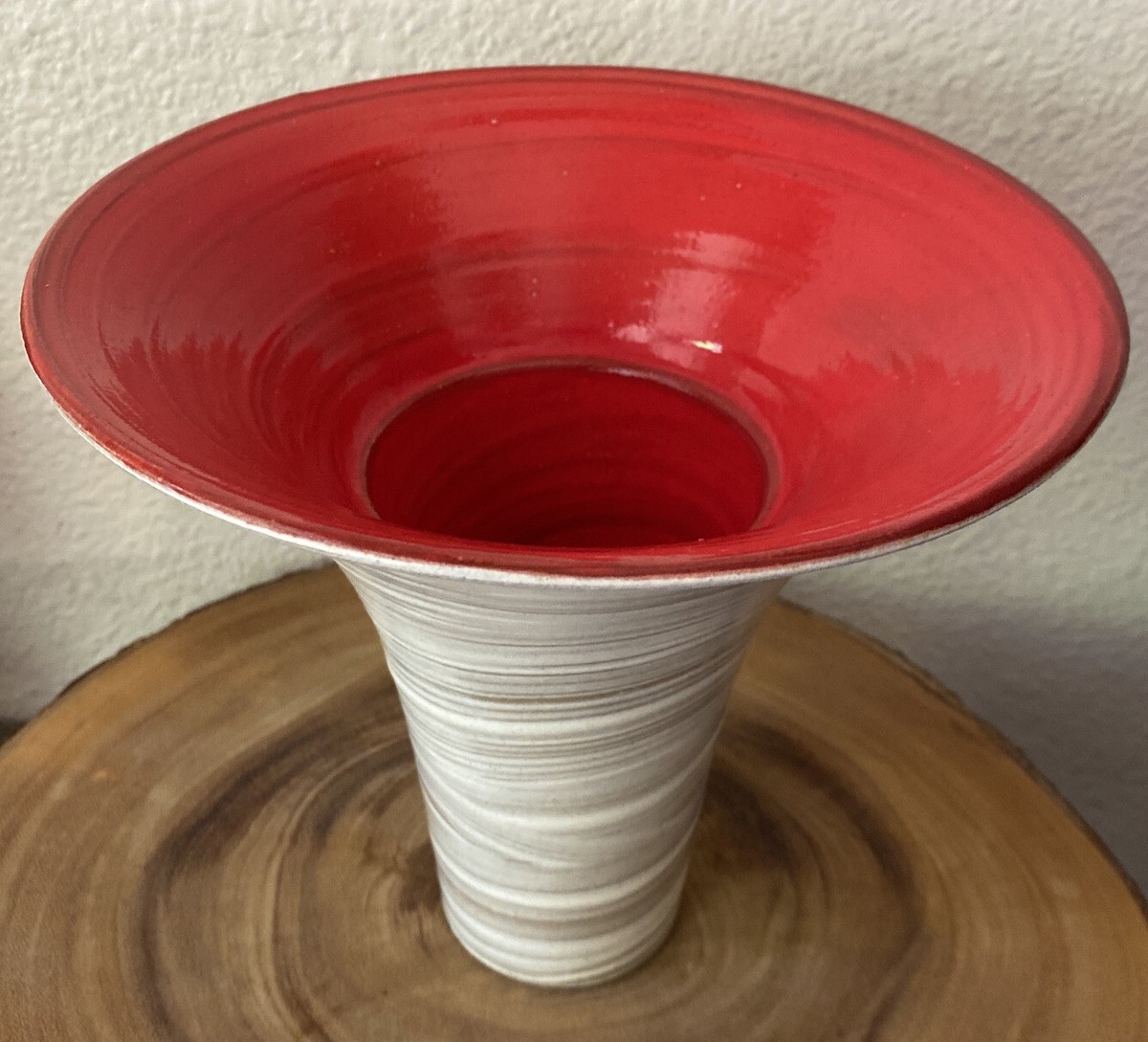 Vintage grey striped red lined Japanese Pottery vase