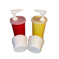 Vtg LN Tupperware Ketchup and Mustard Pump Dispensers  Lids Complete