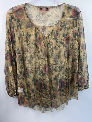 Vintage America Top Women s Sz L Green Floral Sheer Laced V-Neck Asymmetrical