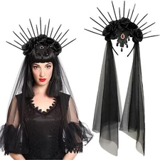 Halloween Flower Headband Headdress Crown with Black Veil Gothic Headpiece fo...