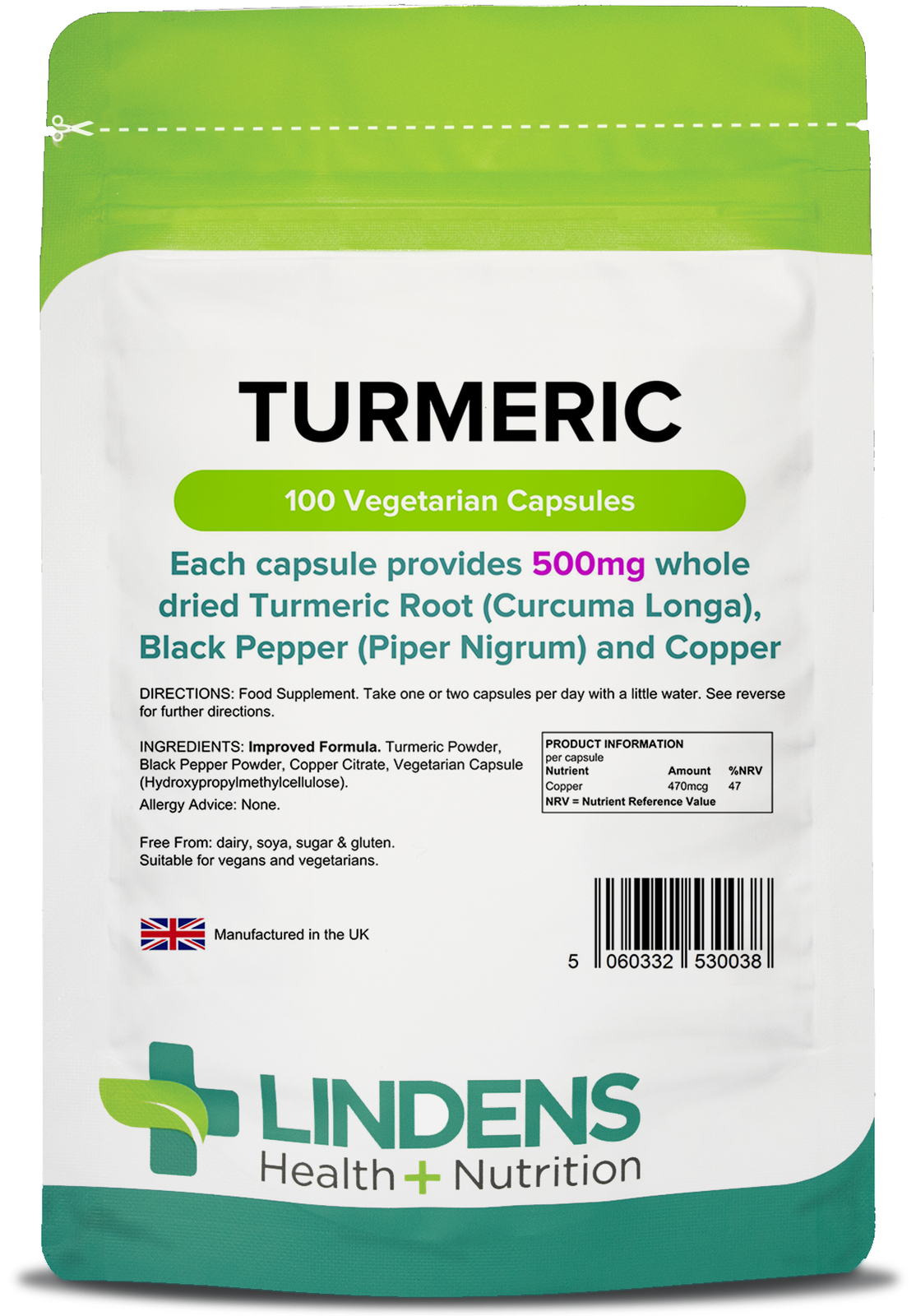 Lindens Turmeric (Whole Root Caps) 500mg 100 Caps, Anti-Inflammatory - Image 2