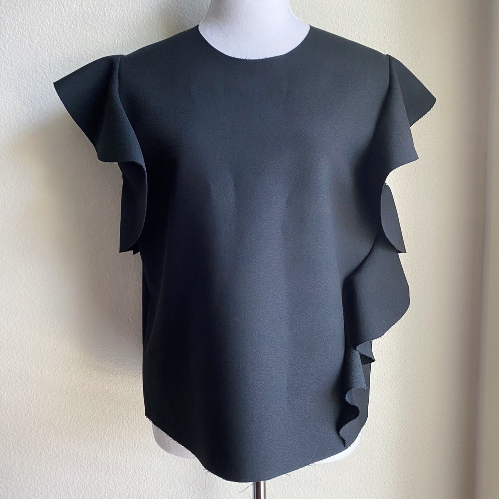 MSGM Milano Black Flounced Ruffle Side Crepe Tank Top Blouse 42 (US 8)