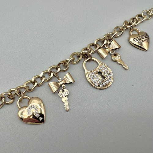 Guess Bracelet Womens Gold Tone Logo Heart Rhinestone Lock Key Charms 7 Inch - Picture 5 of 14