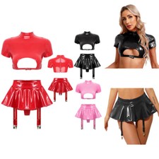 Womens Lingerie Set Dance Patent Leather Wet Look Crop Top With Skirt