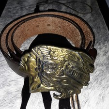 Vintage Indian Head Chief Brass Belt Buckle Leather Brown Size M 34-36 Made USA