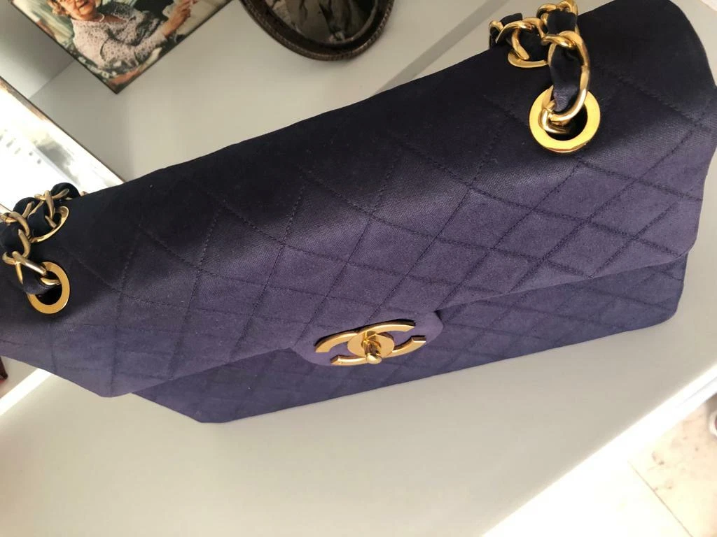 Rare Chanel Vintage Maxi Jumbo XL Flap Bag Fabric Navy blue , GHW